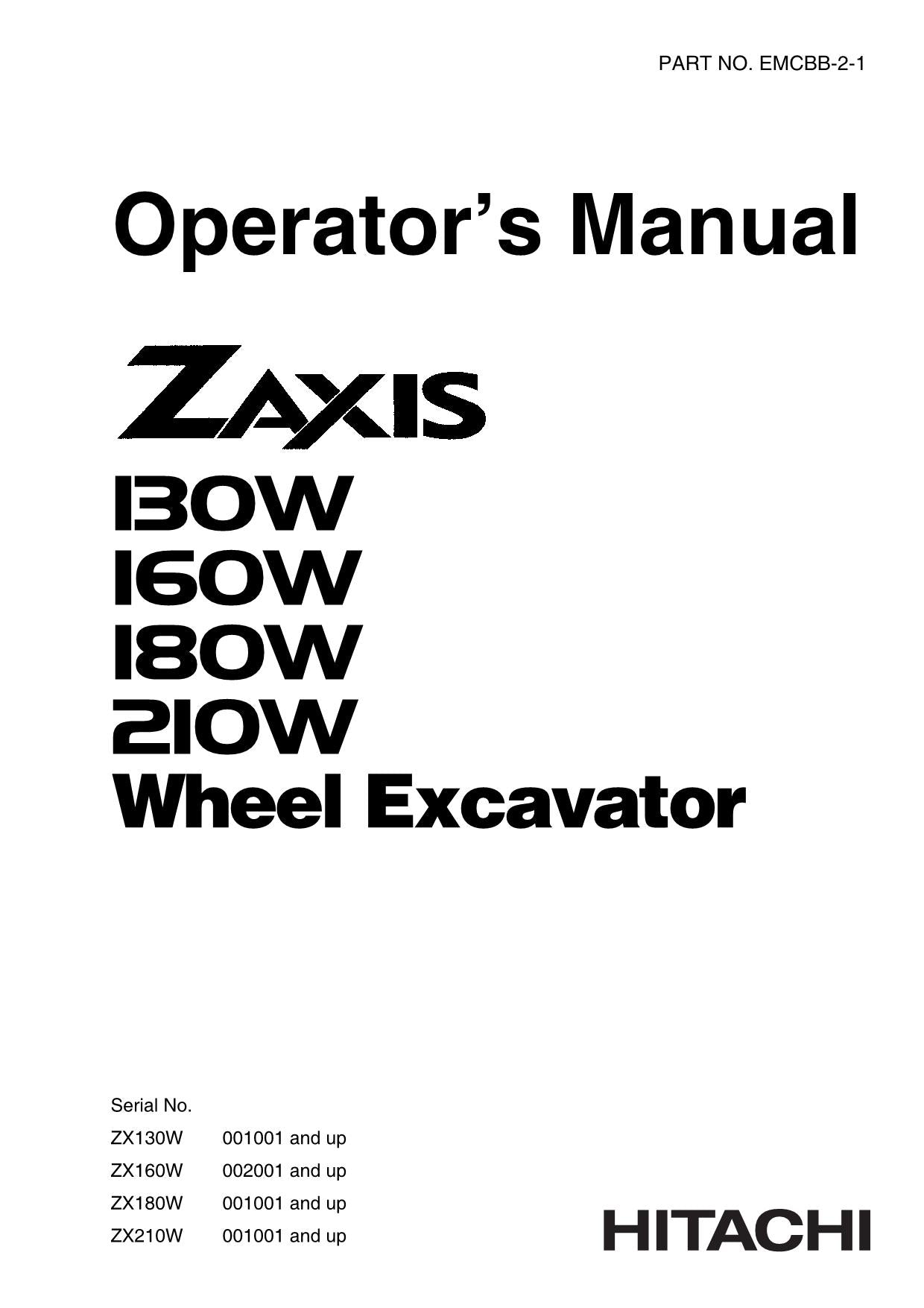 HITACHI ZAXIS ZX 180W 210W EXCAVATOR OPERATORS MANUAL #1 – PROFMANUAL