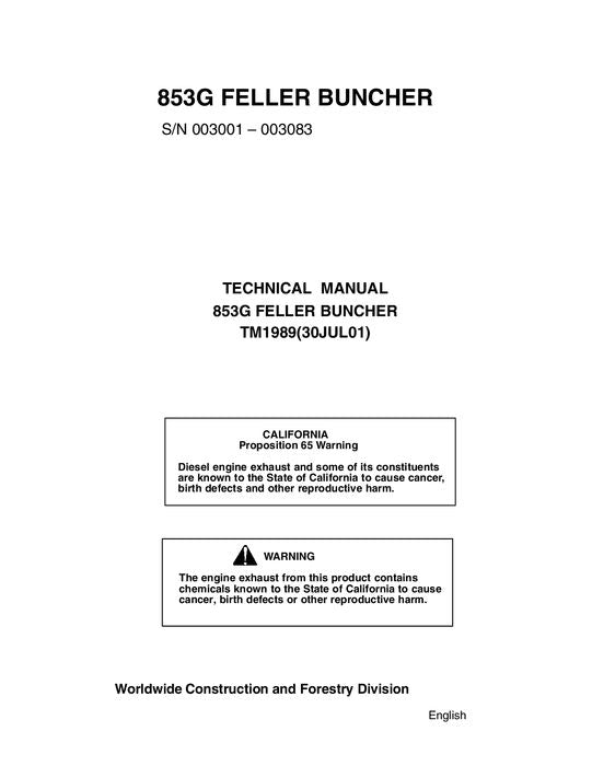 JOHN DEERE 853G TRACKED FELLER BUNCHER SERVICE REPAIR MANUAL