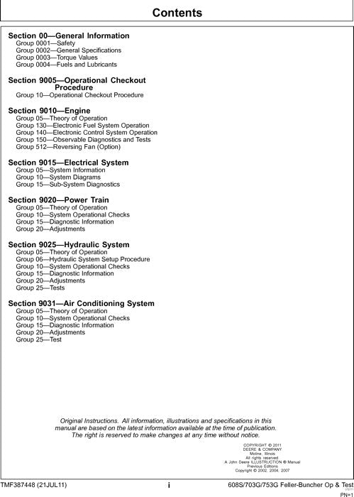 JOHN DEERE 703G 753G 608S BUNCHER OPERATION TEST TECHNICAL MANUAL