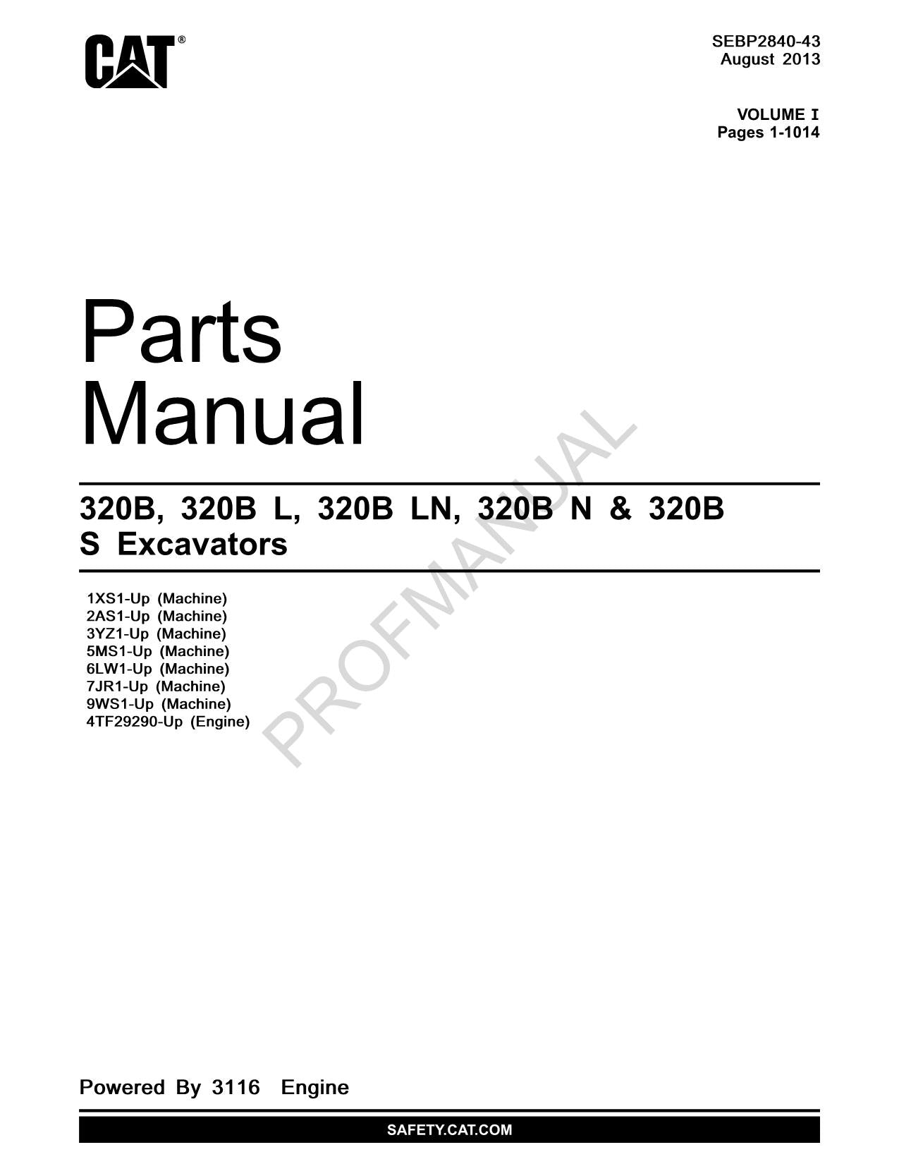 Caterpillar Cat 320B 320B L 320B LN 320B N 320B S Excavator Parts Catalog Manual