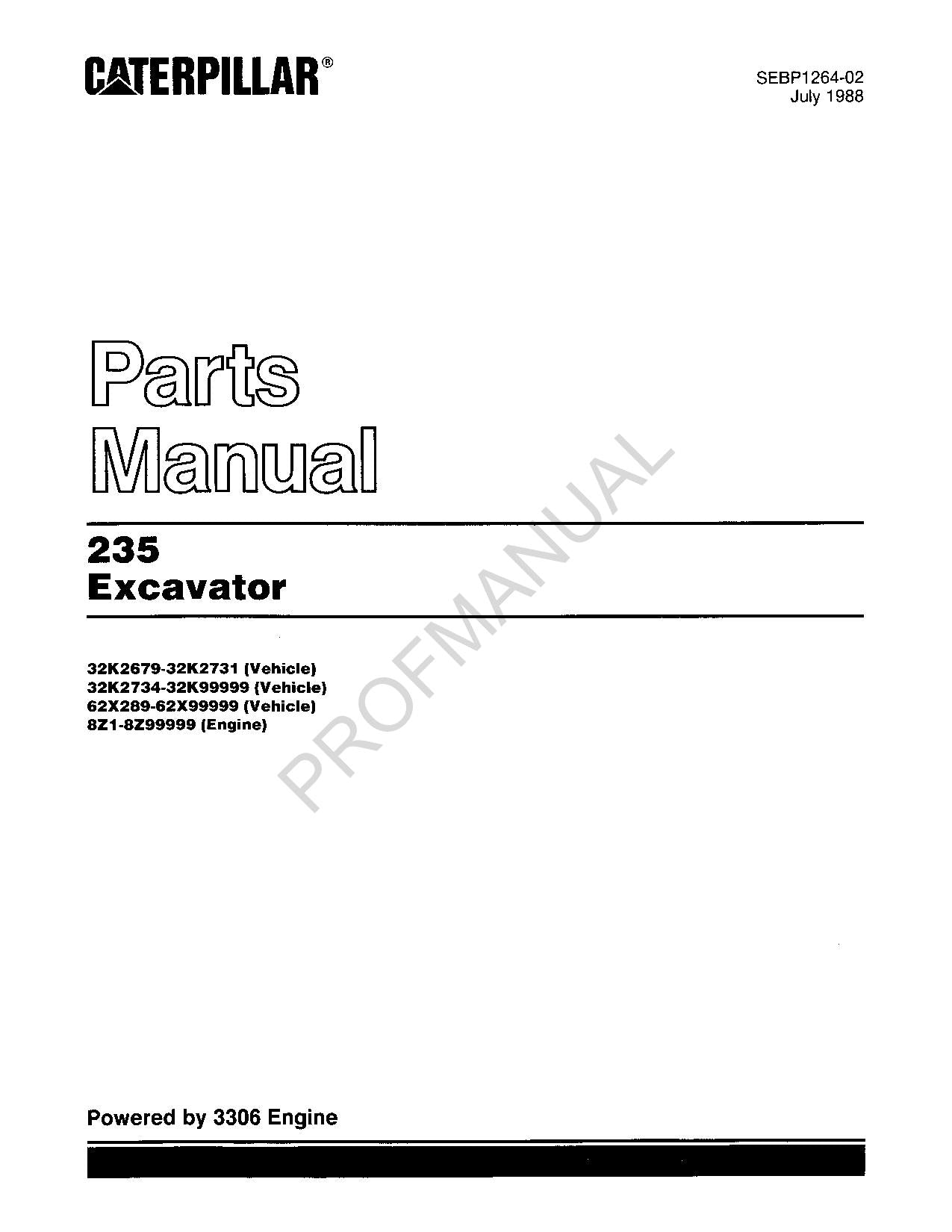 Caterpillar Cat 235 Excavator Parts Catalog Manual SEBP1264