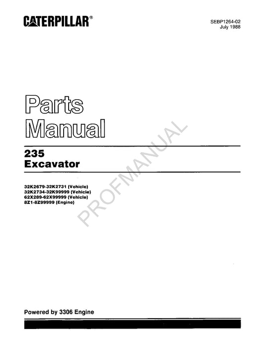 Caterpillar Cat 235 Excavator Parts Catalog Manual SEBP1264