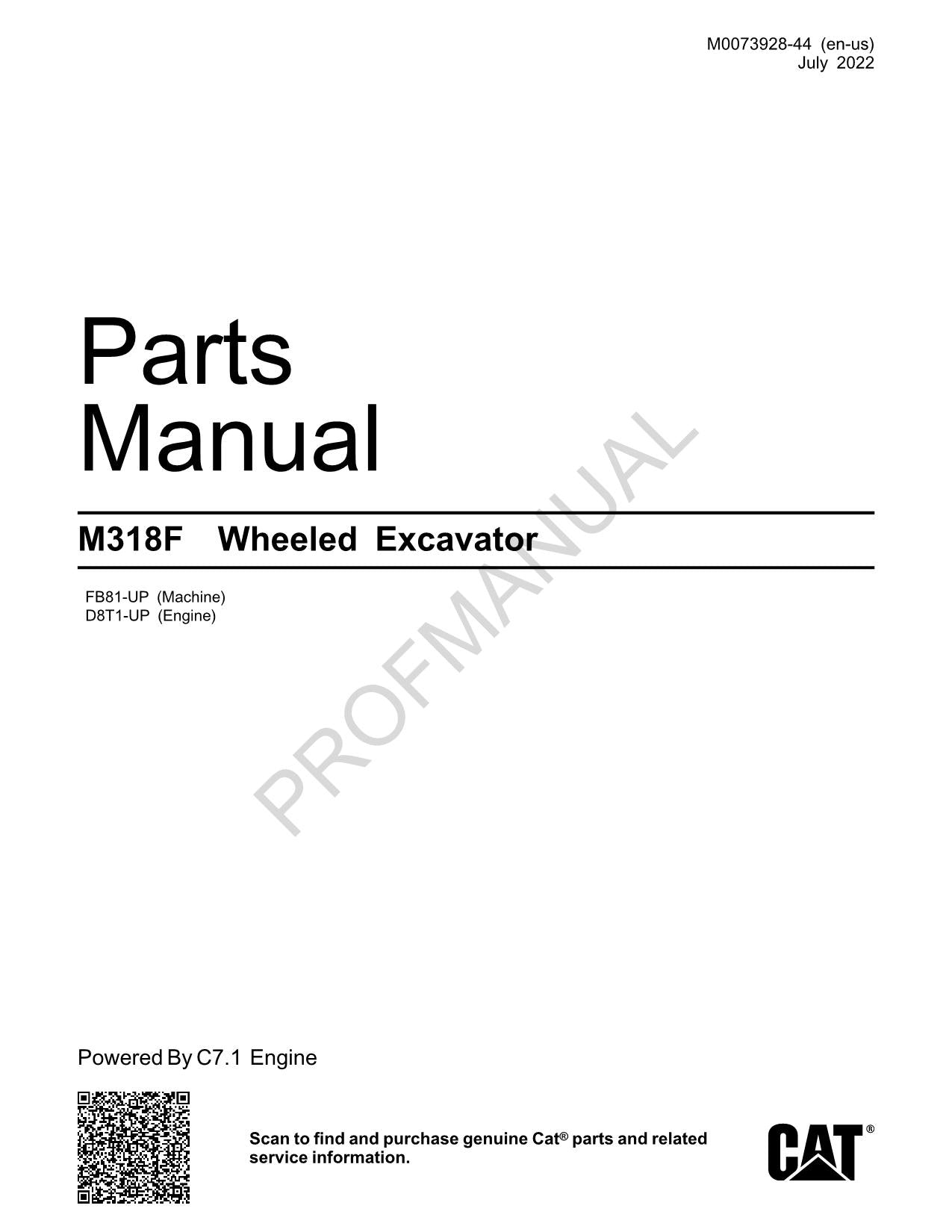 Caterpillar Cat M318F Wheeled Excavator Parts Catalog Manual