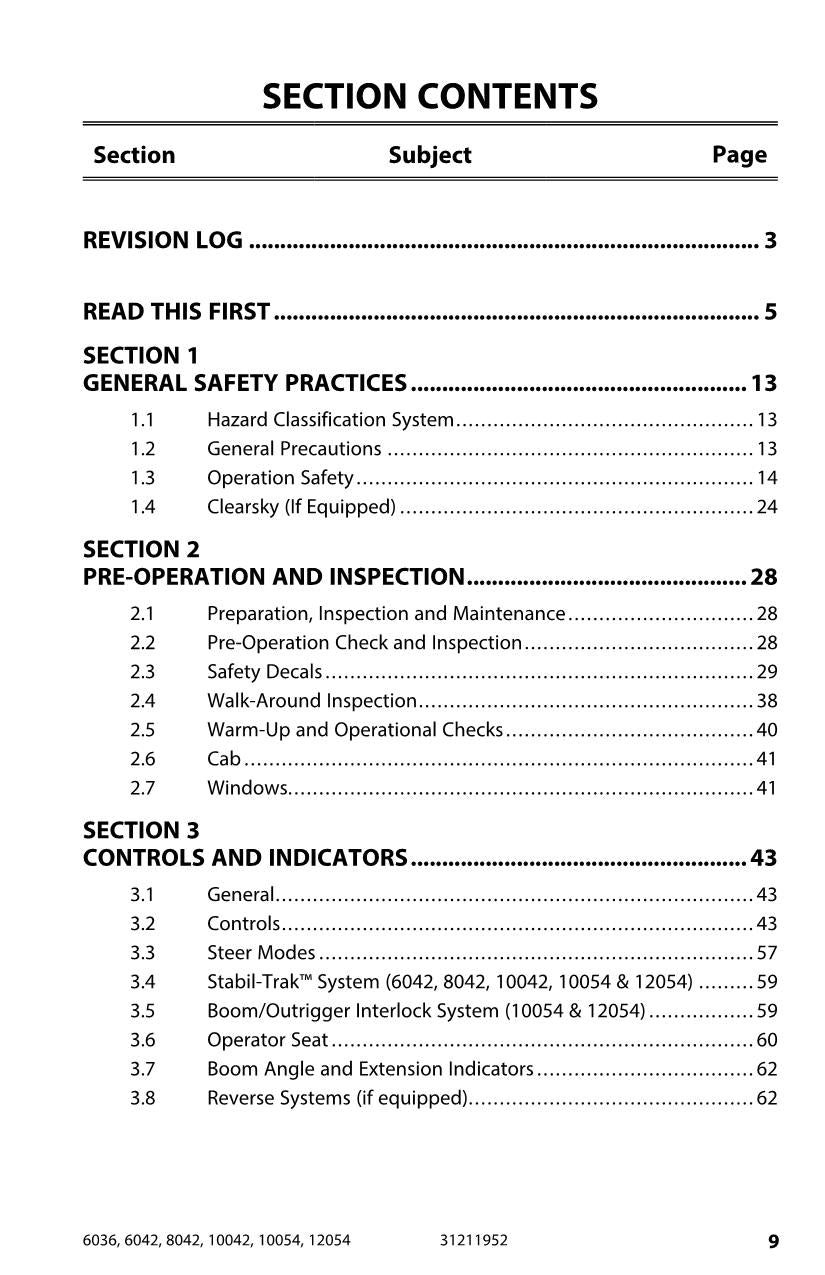 SKYTRAK 10042 10054 12054 6036 6042 8042 Telehandler Operators Manual 31211952