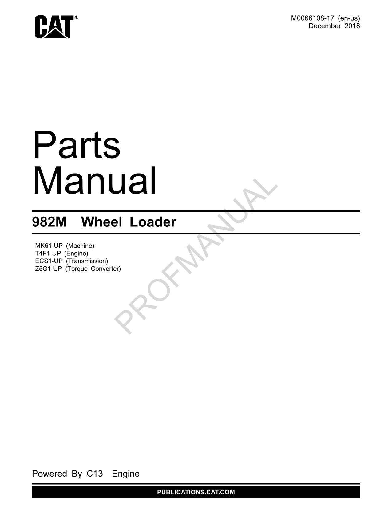 Caterpillar Cat 982M Wheel Loader Parts Catalog Manual M0066108