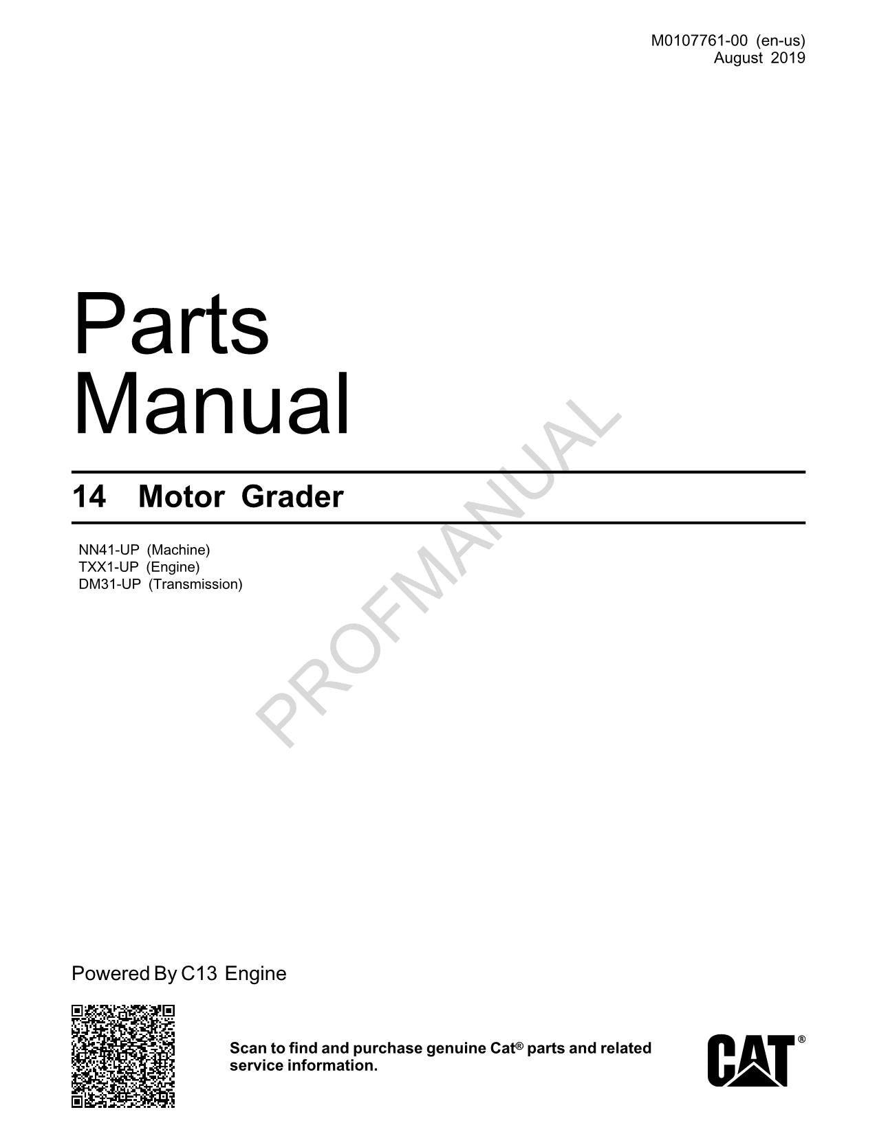 Caterpillar Cat 14 Motor Grader Parts Catalog Manual M0107761