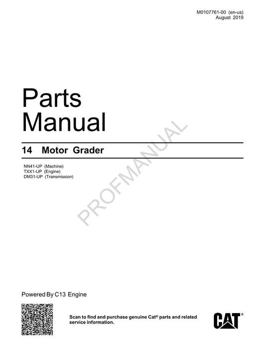 Caterpillar Cat 14 Motor Grader Parts Catalog Manual M0107761