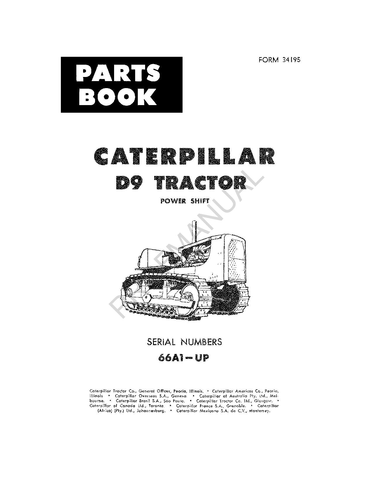 Caterpillar Cat D9 Tractor Parts Catalog Manual ser 66A1-Up