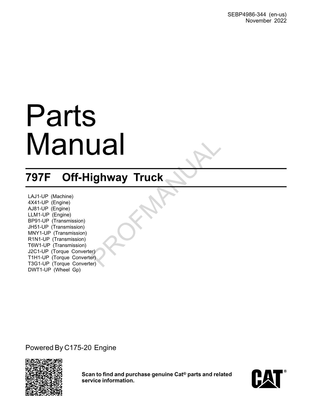 Manuel du catalogue des pièces détachées pour camions tout-terrain Caterpillar Cat 797F