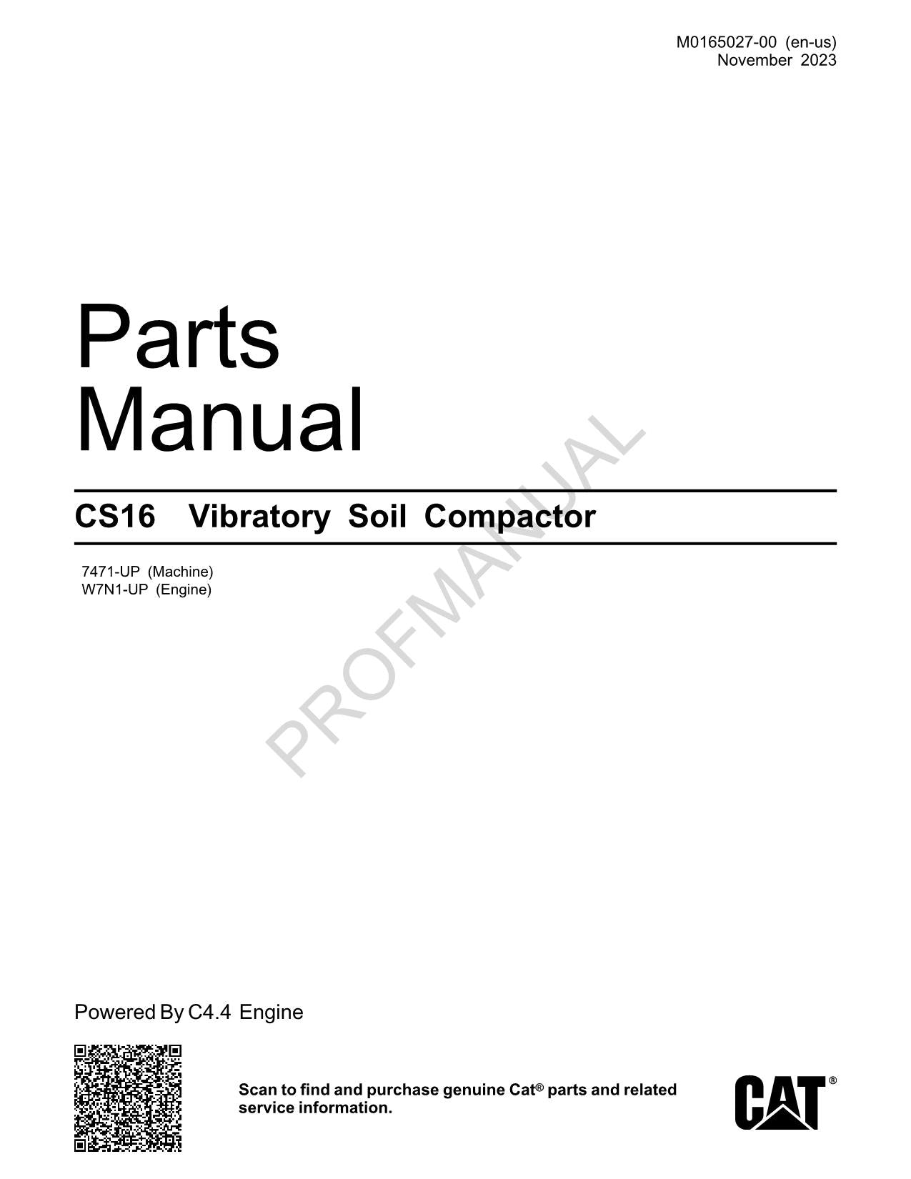 Caterpillar Cat CS16 Vibratory Soil Compactor Parts Catalog Manual M0165027