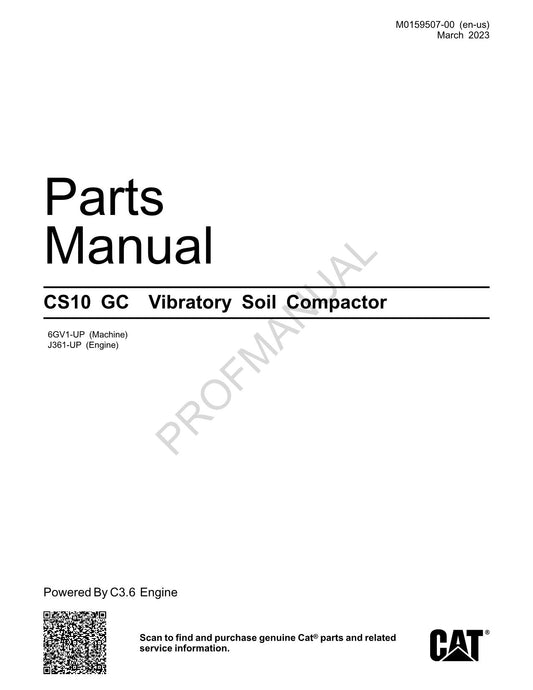 Caterpillar Cat CS10 GC Vibratory Soil Compactor Parts Catalog Manual M0159507