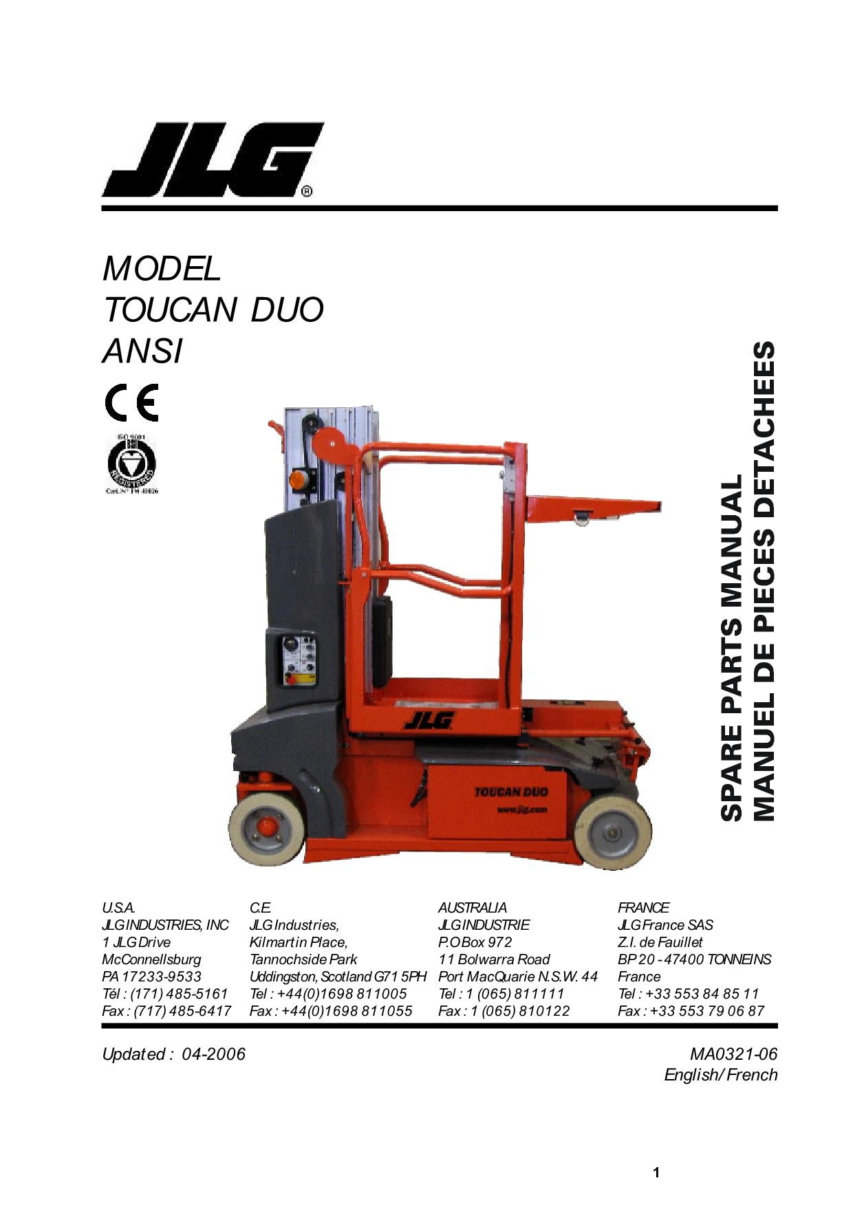 TOUCAN Duo Vertical Lift Parts Catalog Manual S.N. 5312-A130005450 A130005452