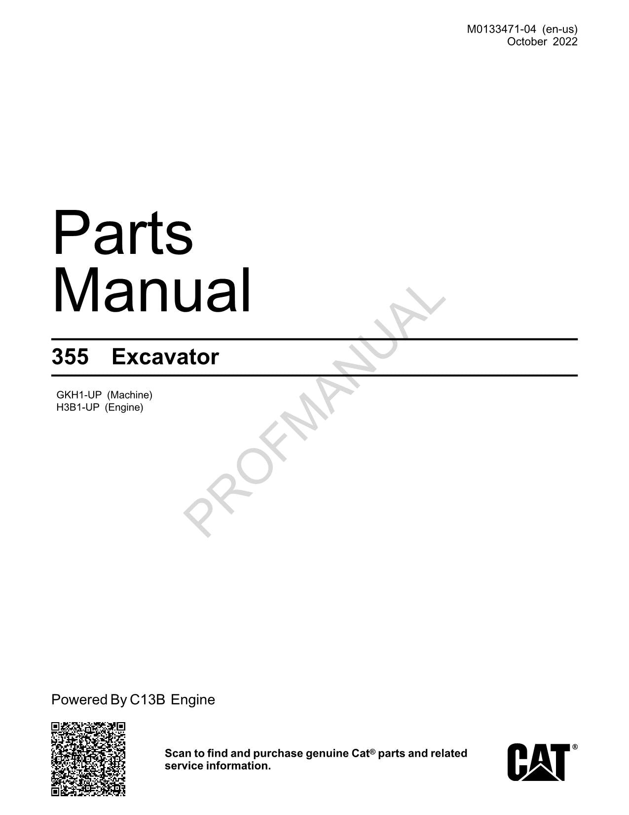 Caterpillar Cat 355 Bagger Teilekatalog Handbuch Serie H3B1-Up GKH1-up