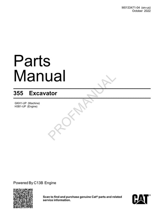 Caterpillar Cat 355 Excavator Parts Catalog Manual ser H3B1-Up GKH1-up