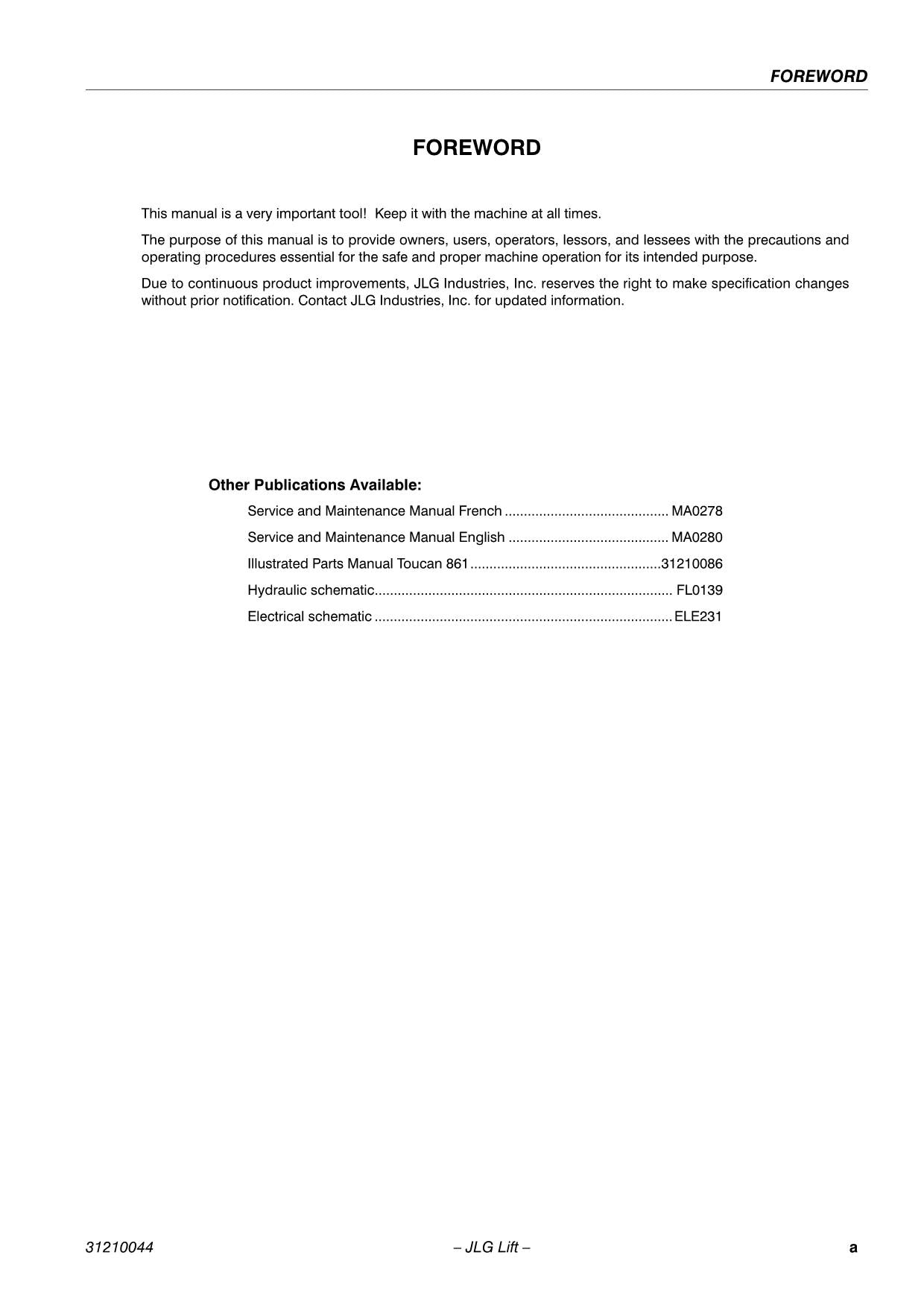 TOUCAN 861 Vertical Lift Maintenance Operation Operators Manual