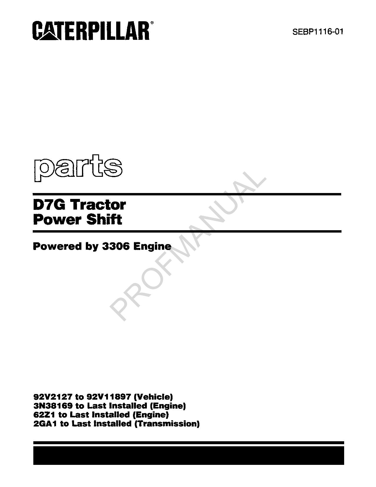 Catalogue de pièces détachées pour tracteur Caterpillar Cat D7G Power Shift SEBP1116