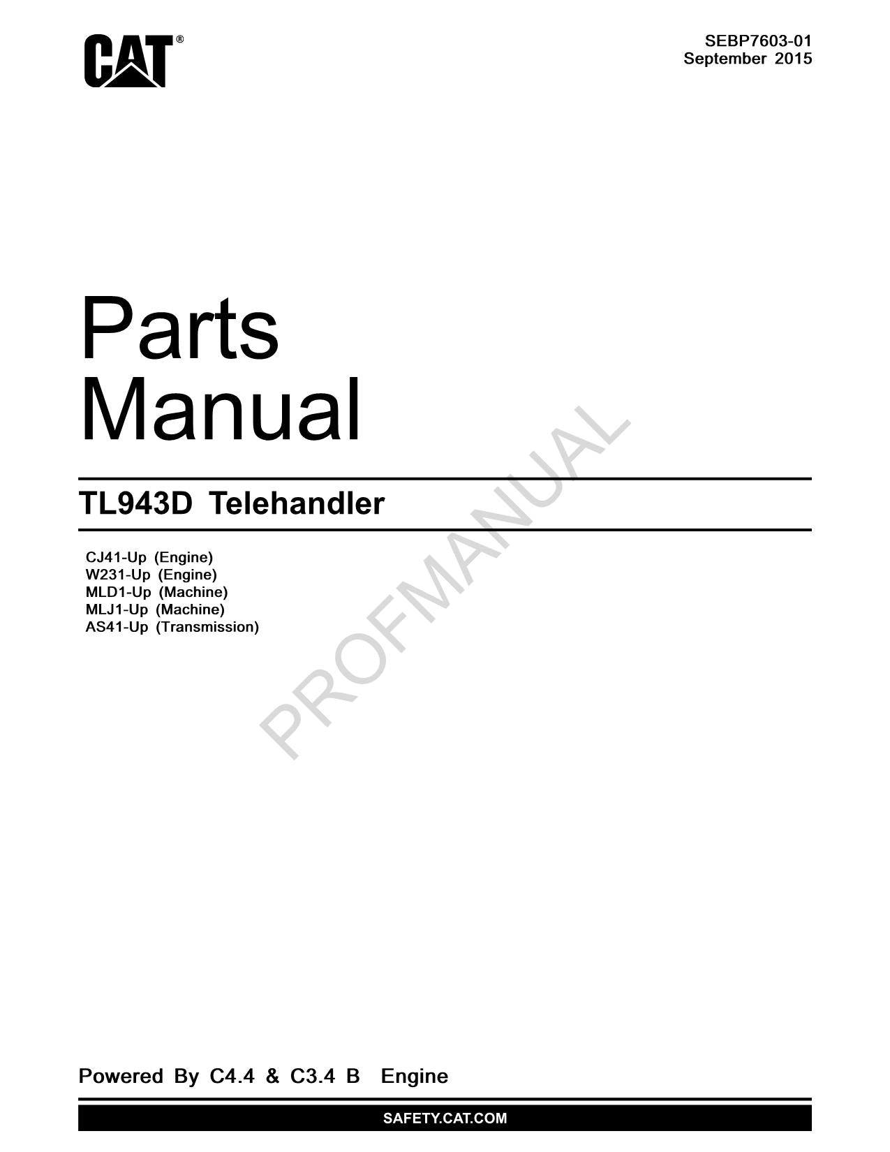 Caterpillar Cat TL943D Telehandler Parts Catalog Manual