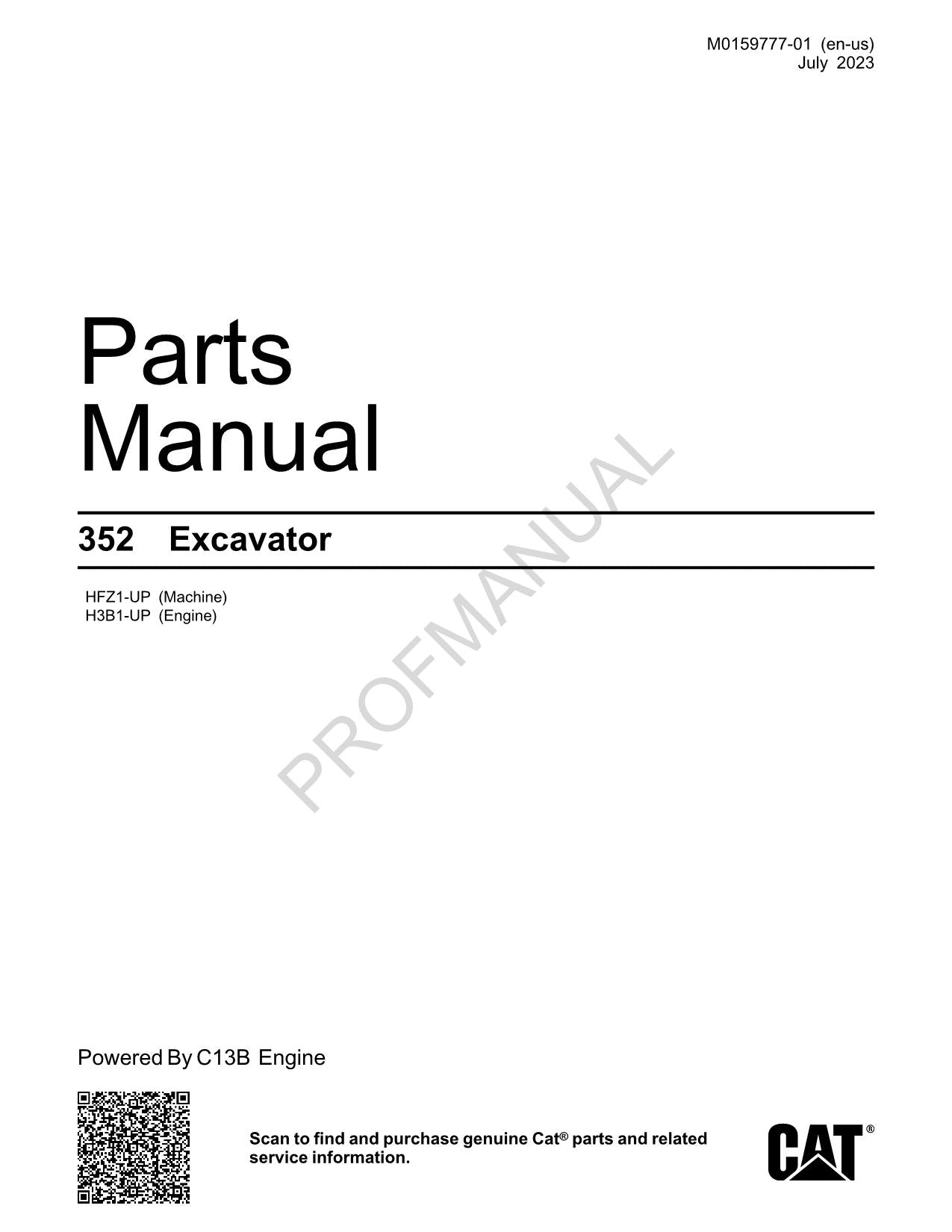 Caterpillar Cat 352 Excavator Parts Catalog Manual ser H3B1-Up HFZ1-up