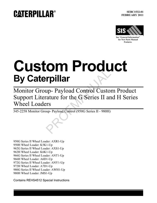 Caterpillar Cat Monitor Payload Control G Series 2 H Loader Parts Catalog Manual