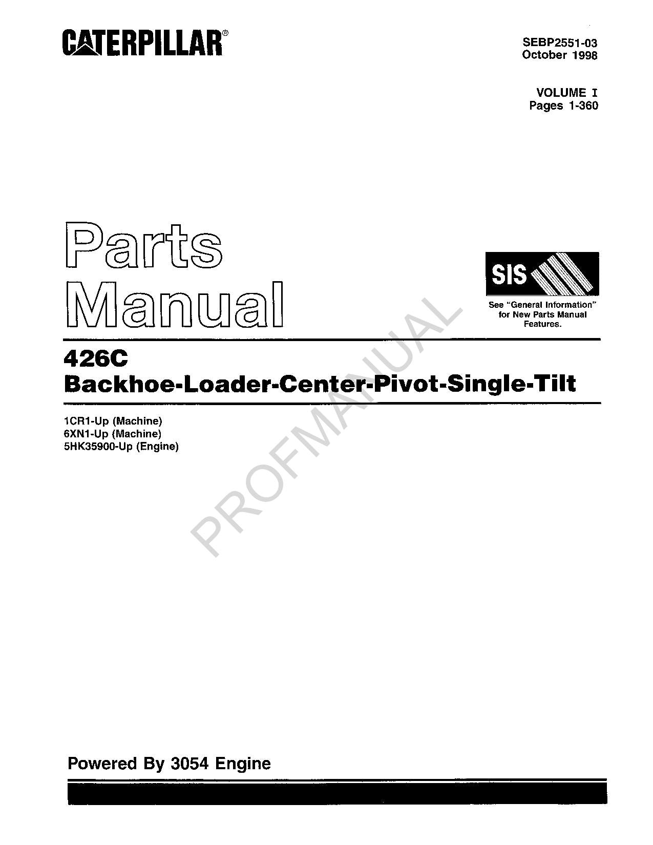 Caterpillar Cat 426C Backhoe Loader Center Pivot Parts Catalog Manual SEBP2551