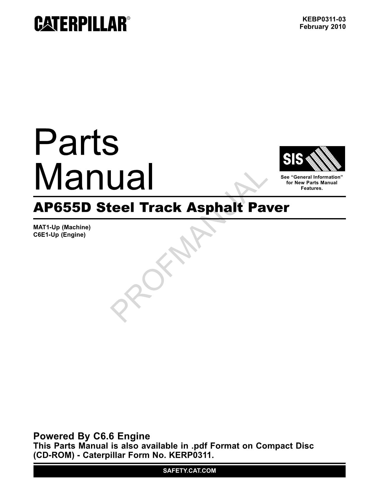 Caterpillar Cat AP655D Steel Track Asphalt Paver Parts Catalog Manual