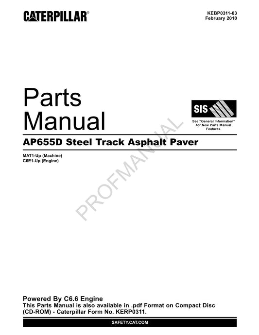 Caterpillar Cat AP655D Steel Track Asphalt Paver Parts Catalog Manual