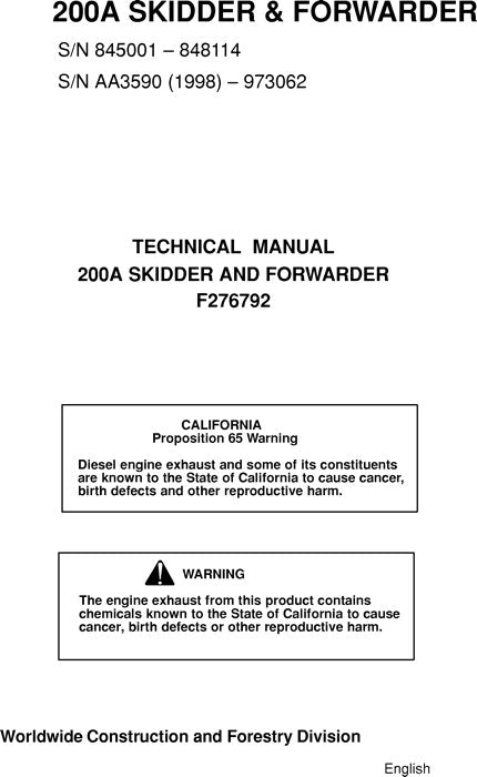 MANUEL DE RÉPARATION ET D'ENTRETIEN DES DÉBUSQUEUSES JOHN DEERE 200A 205A 209A 215A 225A 230A 240A