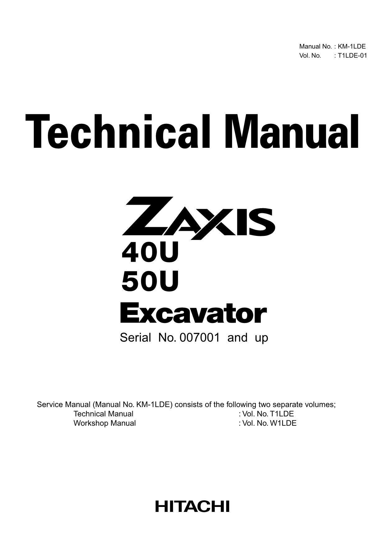 Hitachi ZX40U ZX50U Excavator Service Manual with Schemes S.N. 007001 and up