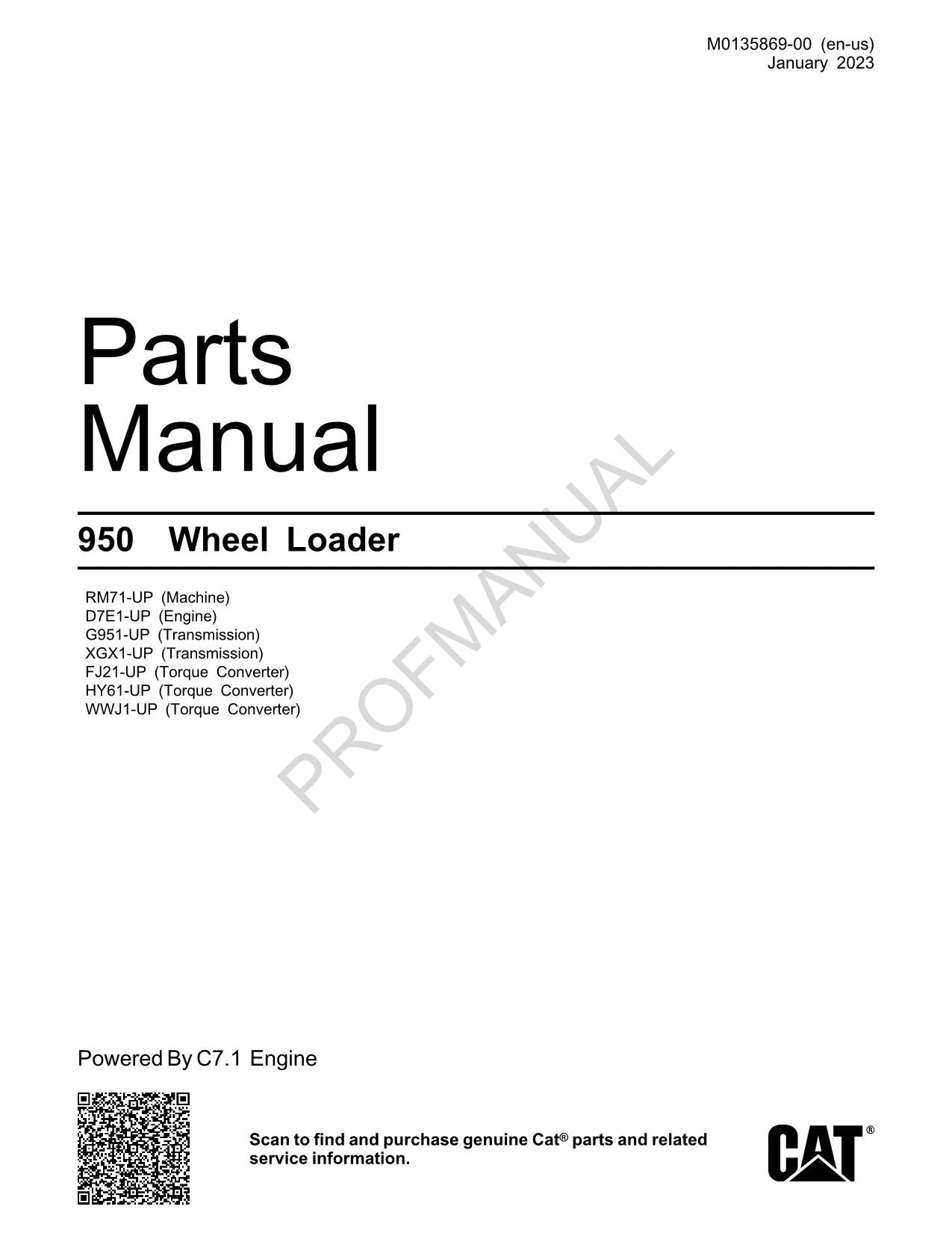 Caterpillar Cat 950 Wheel Loader Parts Catalog Manual M0135869