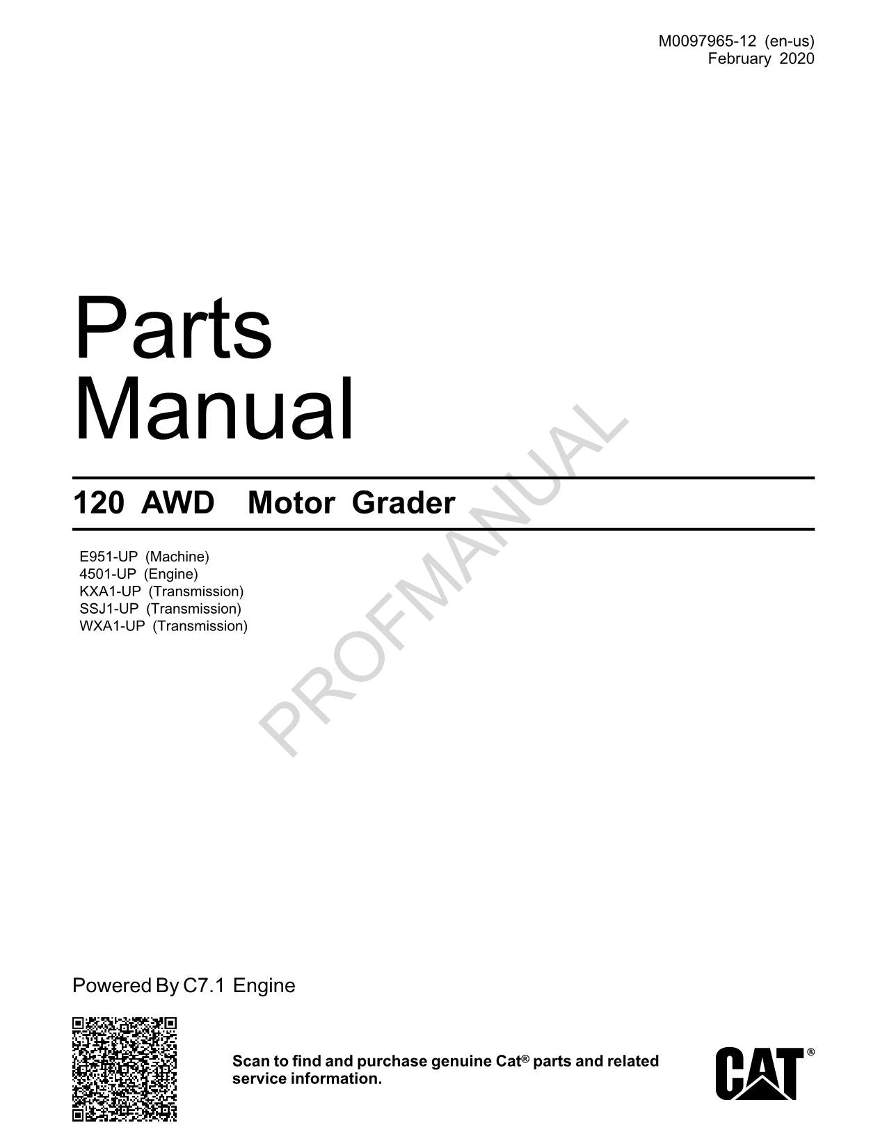 Caterpillar Cat 120 AWD Motor Grader Parts Catalog Manual M0097965