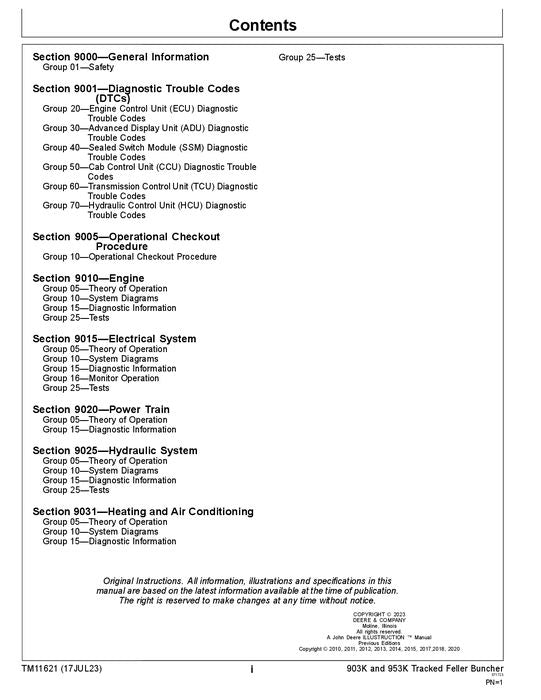 JOHN DEERE 903K 953K TRACKED FELLER BUNCHER OPERATION TEST TECHNICAL MANUAL