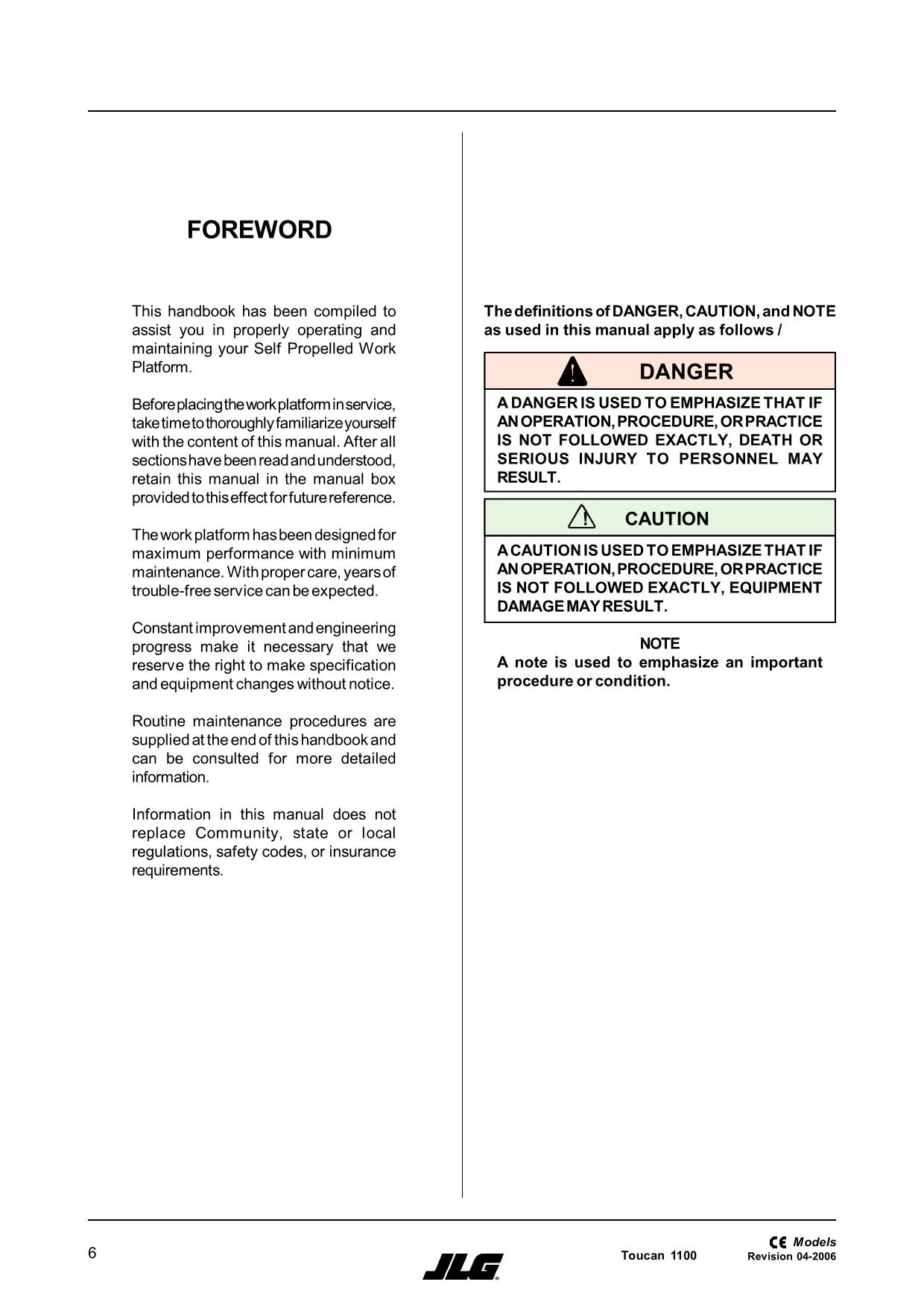 TOUCAN 1100 Vertical Lift Maintenance Operation Operators Manual