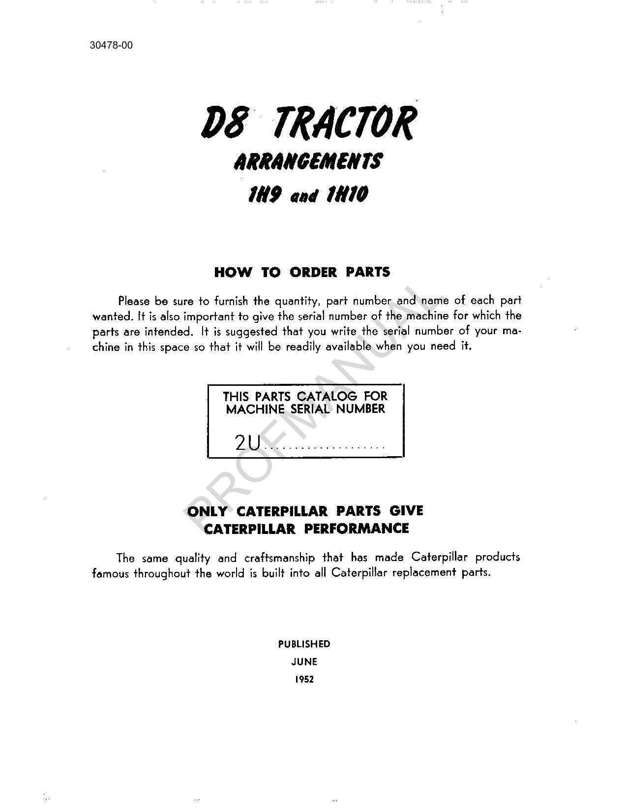 Caterpillar Cat D8 Tractor Arrangements 1H9 1H10 Parts Catalog Manual ser 2U1-Up