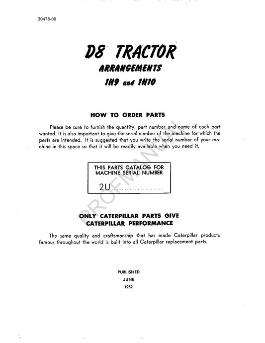 Caterpillar Cat D8 Tractor Arrangements 1H9 1H10 Parts Catalog Manual ser 2U1-Up