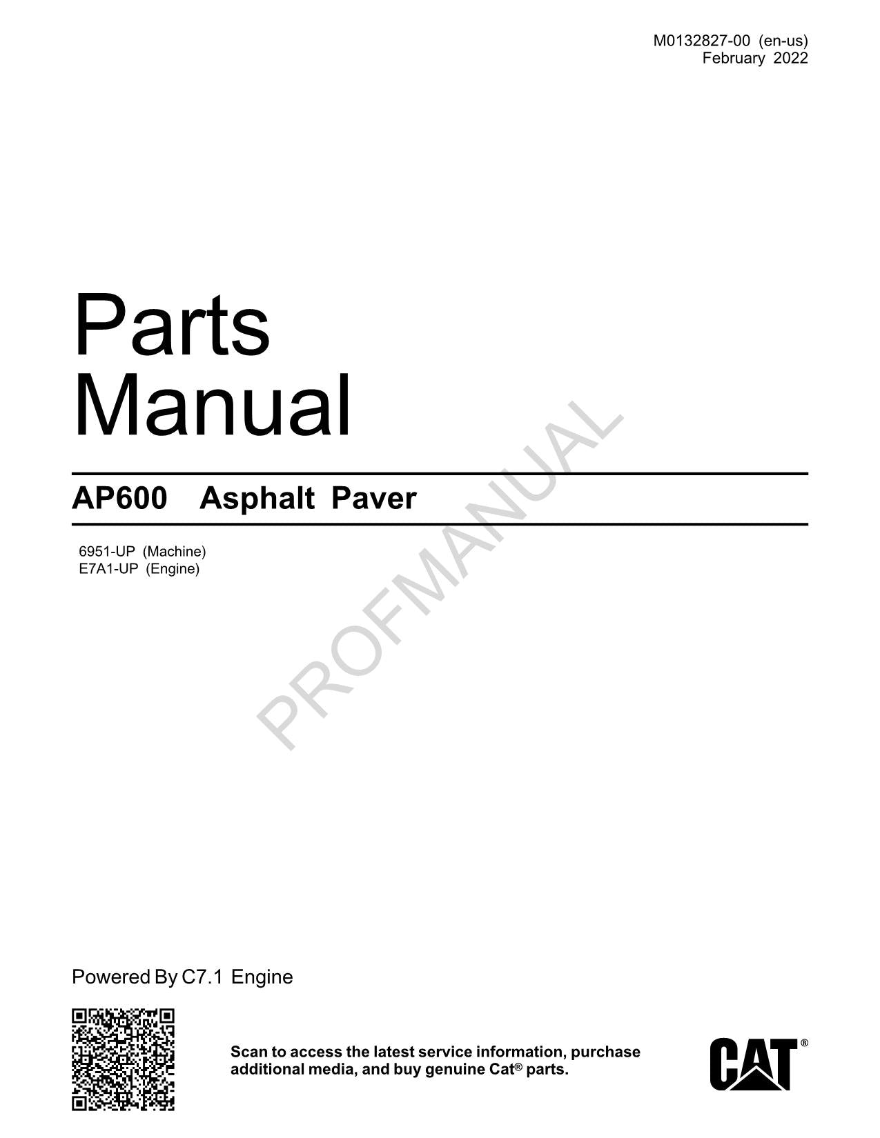 Caterpillar Cat AP600 Asphalt Paver Parts Catalog Manual E7A1-UP 6951-UP