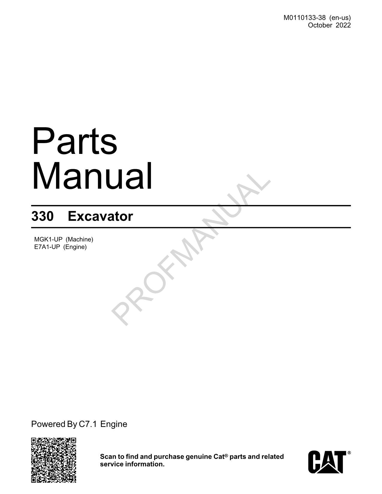 Caterpillar Cat 330 Excavator Parts Catalog Manual ser E7A1-UP MGK1-Up