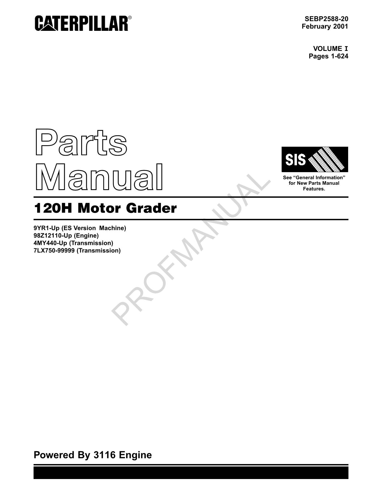 Caterpillar Cat 120H Motor Grader Parts Catalog Manual SEBP2588