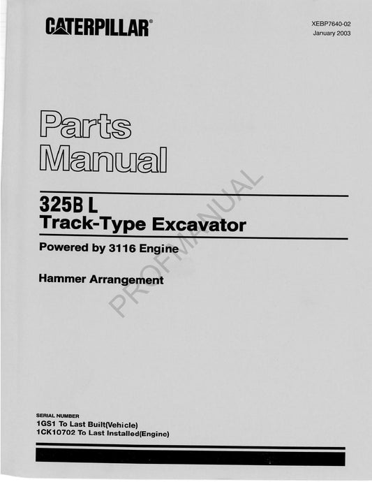 Caterpillar Cat 325B L Track Type Excavator Parts Catalog Manual