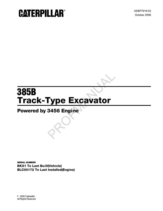 Caterpillar Cat 385B Track Type Excavator Parts Catalog Manual