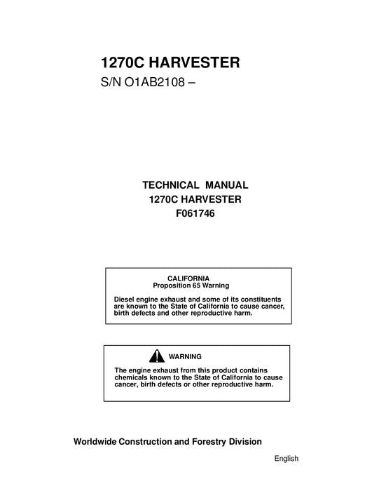 JOHN DEERE 1270C WHEELED HARVESTER SERVICE REPAIR MANUAL s-n  01AB2108-