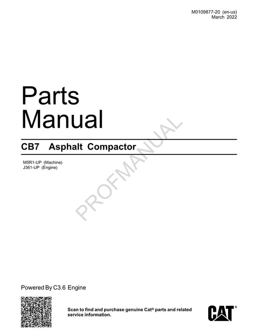 Caterpillar Cat CB7 Asphalt Compactor Parts Catalog Manual