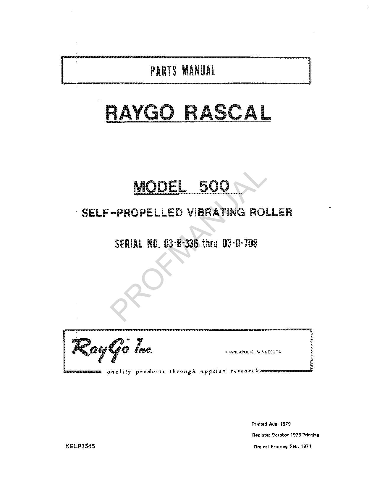 Caterpillar Cat Raygo Rascal 500 Self Propelled Roller Parts Catalog Manual