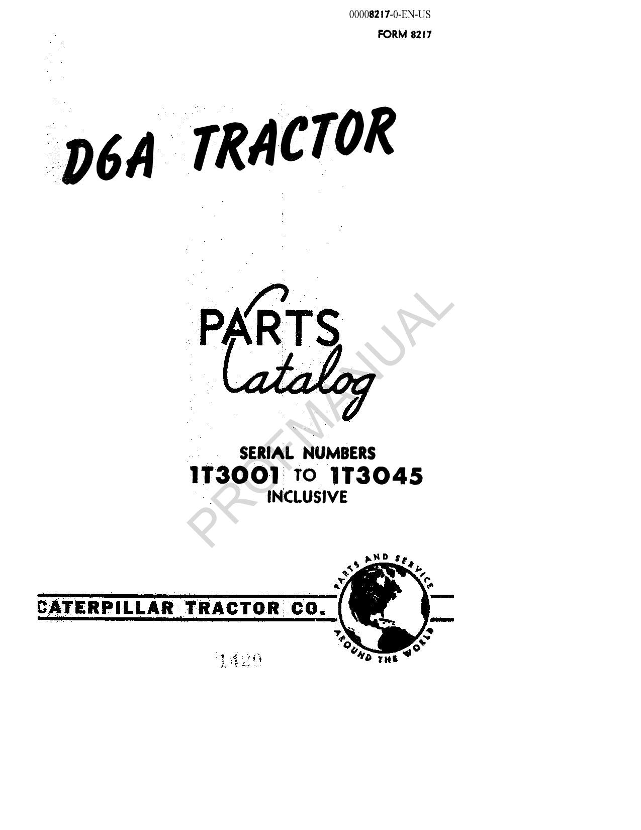 Caterpillar Cat D6A Tractor Parts Catalog Manual ser 1T3001-3045