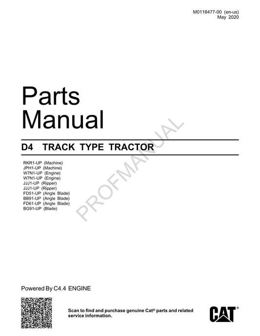 Caterpillar Cat D4 TRACK TYPE TRACTOR Parts Catalog Manual M0116477