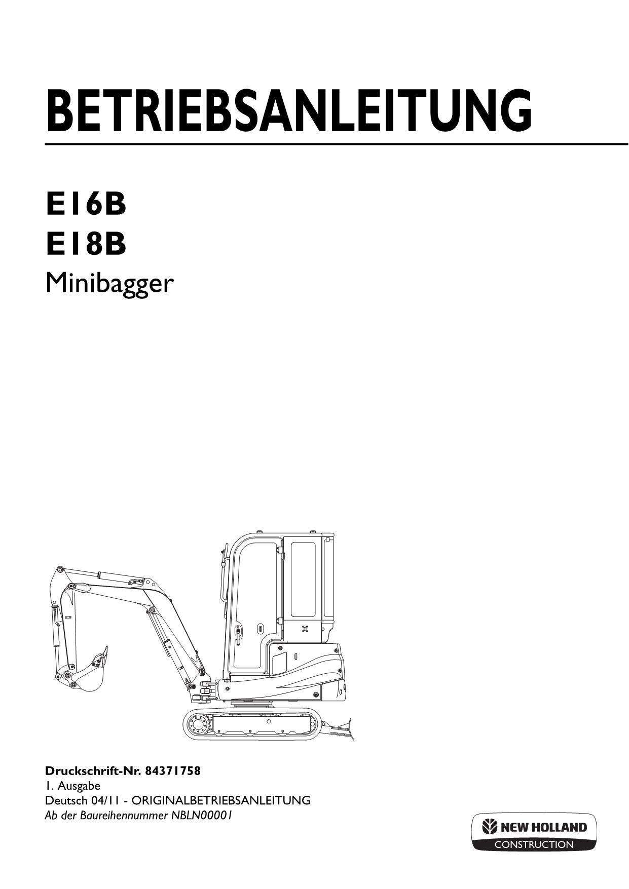 New Holland E16B E18B Bagger Betriebsanleitung