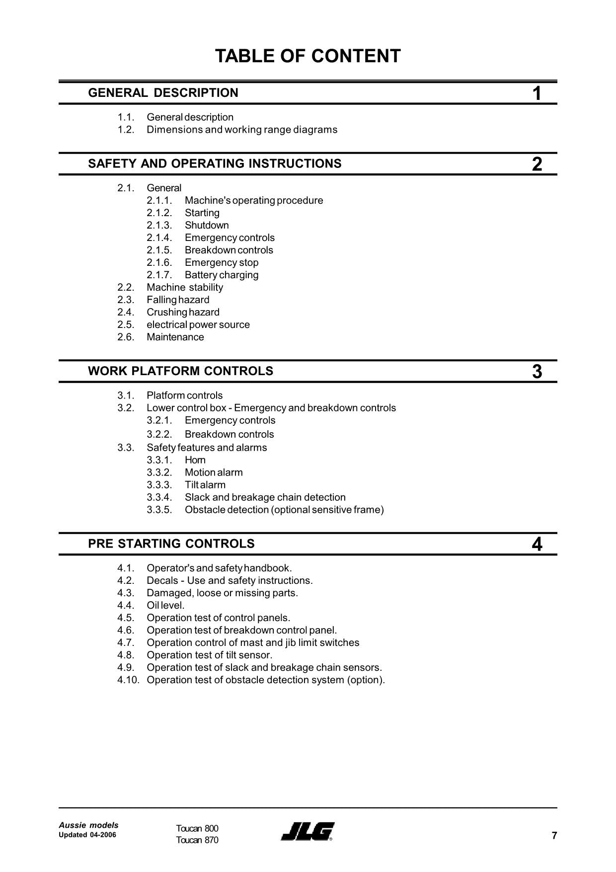 TOUCAN 800 Vertical Lift Maintenance Operation Operators Manual