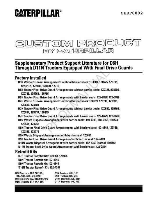 Manuel du catalogue des pièces détachées pour tracteurs Caterpillar Cat Supplément D6H à D11N