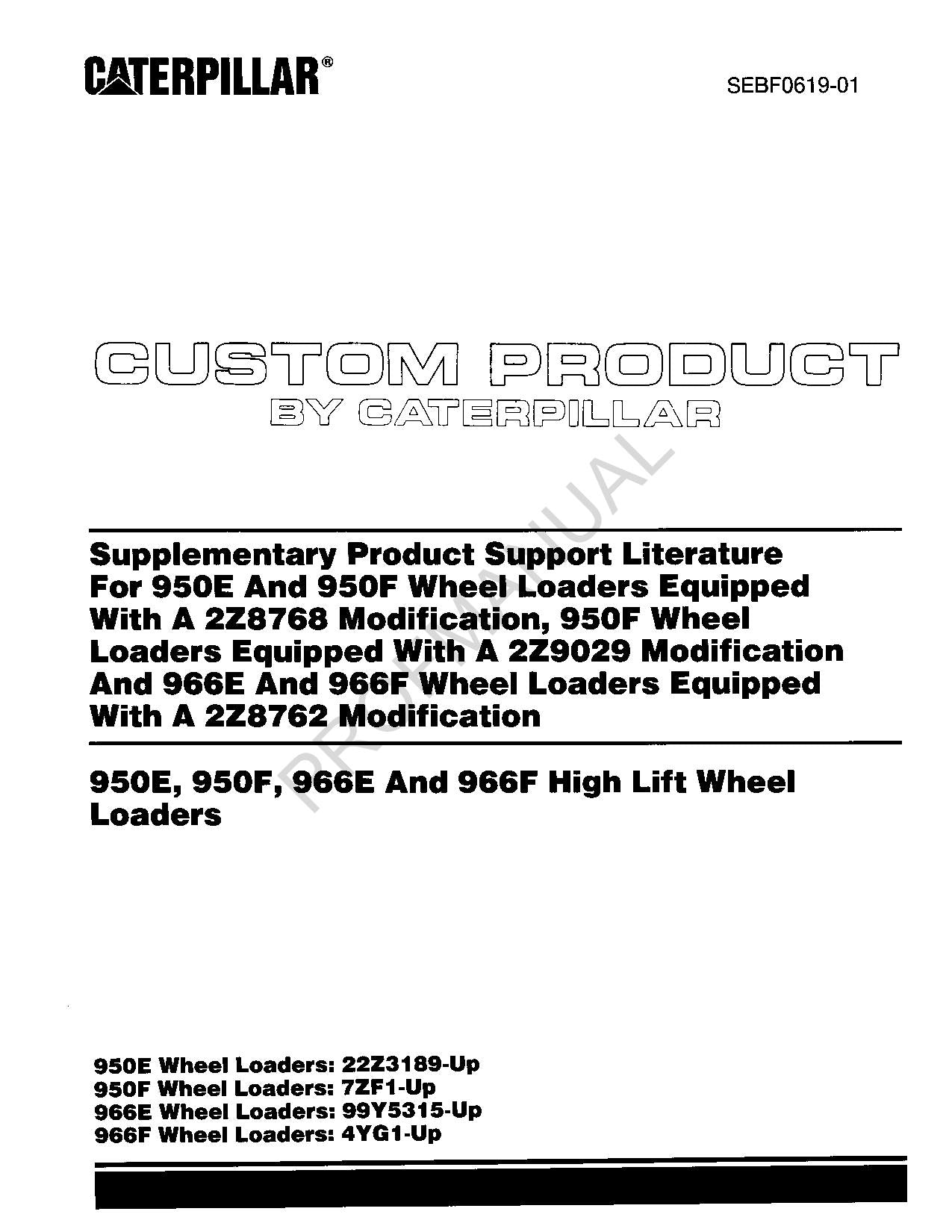 Caterpillar Cat Suppl 950E 950F Loader Equipp 2Z8768 Mod Parts Catalog Manual