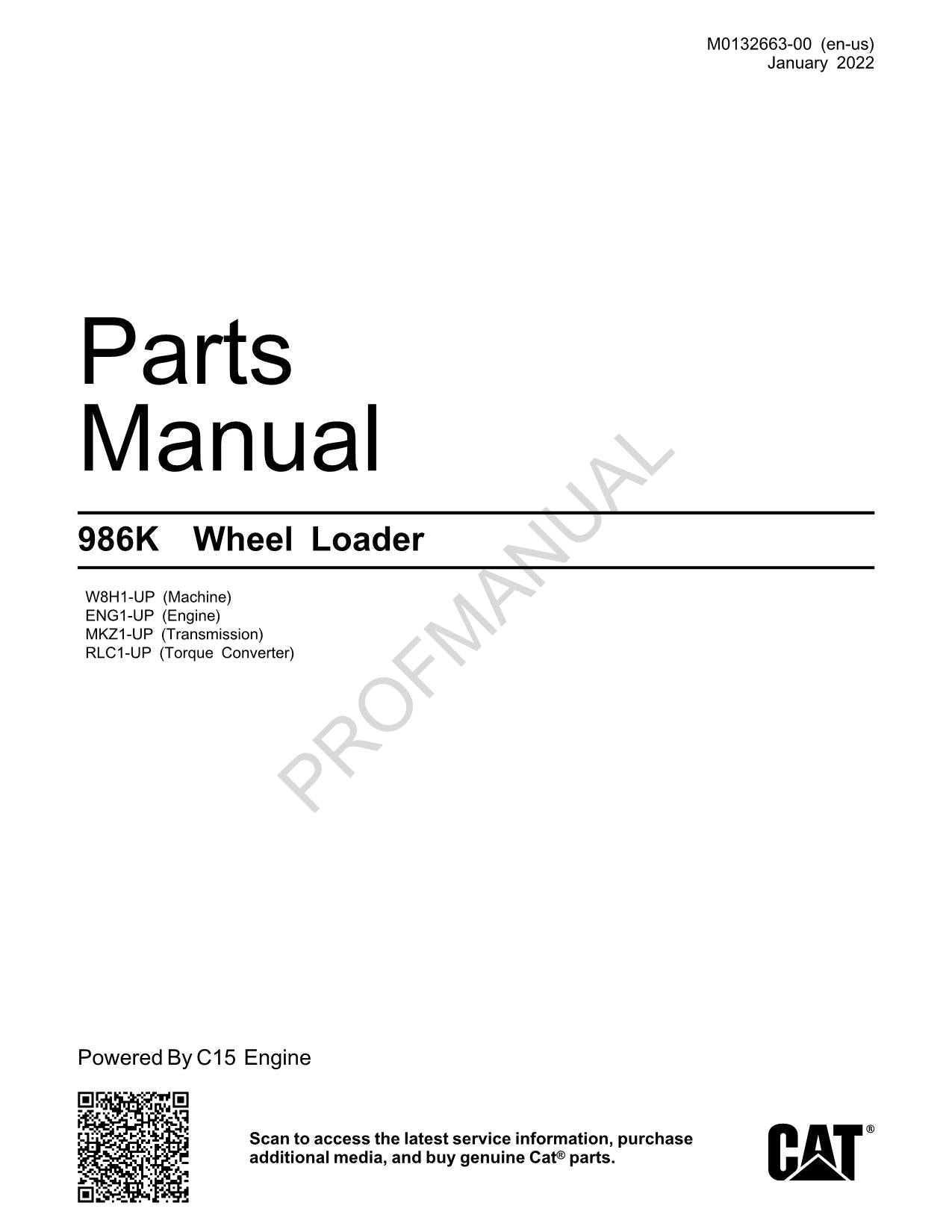 Caterpillar Cat 986K Wheel Loader Parts Catalog Manual M0132663