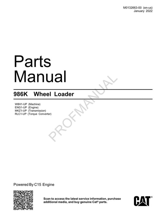 Caterpillar Cat 986K Wheel Loader Parts Catalog Manual M0132663